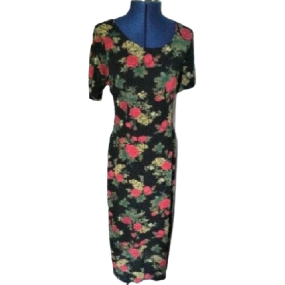 Vintage 90s early 00s dark rose florals maxi fitted dress